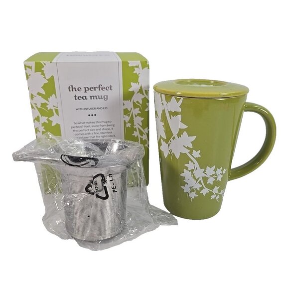 Davids Tea Mug with Infuser & Lid Apple Green Maple Leaves Design 12oz - Picture 2 of 6